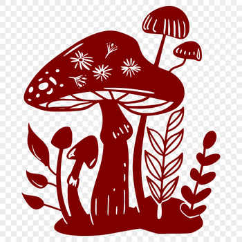 A colorful illustration of a mushroom with detailed floral patterns and textures.
