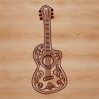 A detailed illustration of an ornate guitar with intricate designs and patterns.