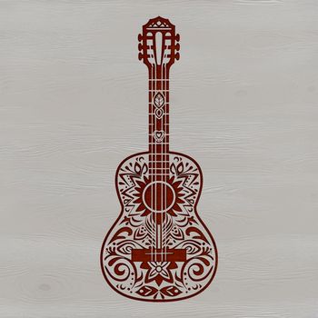 A detailed illustration of an ornate acoustic guitar with intricate design elements, suitable for music-related projects.