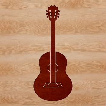 A detailed illustration of a guitar featuring various musical elements and notes.
