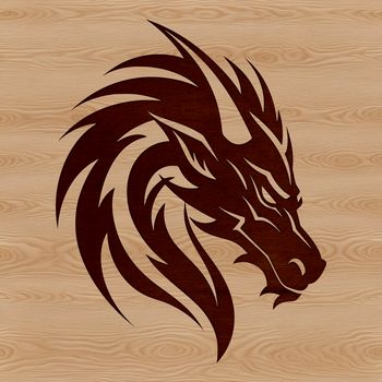 A detailed illustration of a mythical dragon's head with scales and wings.