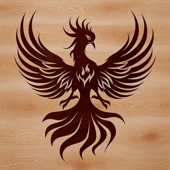 An illustration of a phoenix in mid-transformation, surrounded by flames.