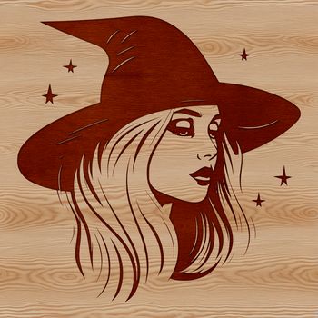 A witch's head silhouette with a crescent moon hat, evoking a sense of gothic magic.