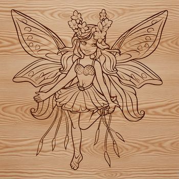 Mythical fairy illustration with delicate wings and flowing hair.