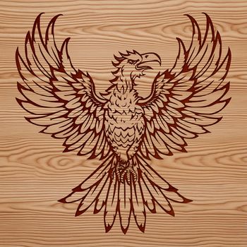 A mythical creature with a bird's body and flames rising from its back.