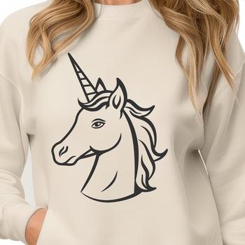 A simple line drawing of a mythical unicorn's head, inspired by traditional fairy tales.