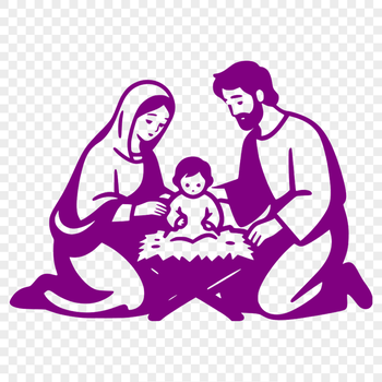 A traditional Christmas nativity scene featuring the Holy Family, stable, and animals in simple vector art.