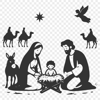 A classic depiction of the Nativity scene in a simple line art style.