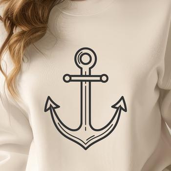 Simple line drawing of a traditional nautical anchor.