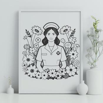 A professional female nurse illustration in a floral patterned uniform.