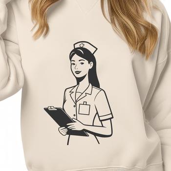 A professional female nurse wearing a white uniform and cap.