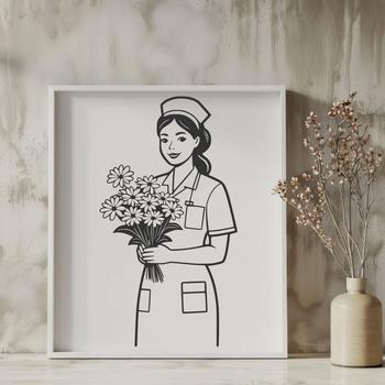 Female nurse wearing a uniform with a floral patterned hat, suitable for vector art projects.