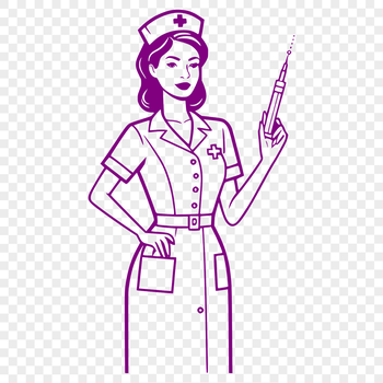 A stylized illustration of a female nurse in a professional setting.