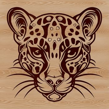 A close-up illustration of a wild ocelot's head with a distinctive coat pattern.