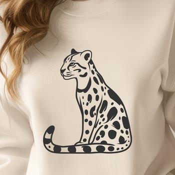 A wild big cat with distinctive markings sitting on its haunches.