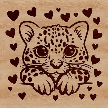 A detailed SVG illustration of a wild Ocelot's head, peeking out from behind leaves.