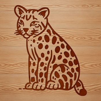 A close-up illustration of a big cat's face with distinctive markings, perched on a rock.