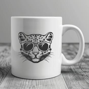 A stylized illustration of a wild ocelot's head, featuring distinctive markings and facial features.