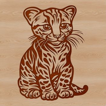 A realistic illustration of a sitting ocelot with a wild and exotic appearance.