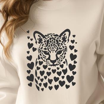 A close-up illustration of an ocelot's head with love hearts around its eyes.