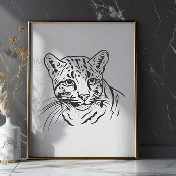 An illustration of the head of a wild ocelot, a medium-sized big cat native to Central and South America.