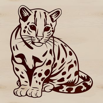 A close-up illustration of a wild ocelot sitting with its back to the viewer, showcasing its distinctive coat pattern.