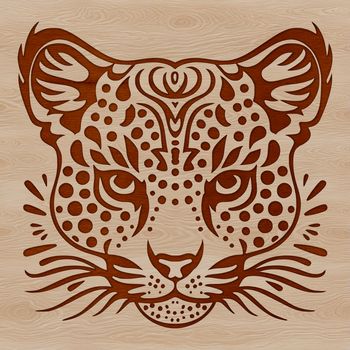 Close-up illustration of a wild ocelot's head, featuring distinctive facial markings.