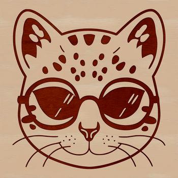 A close-up illustration of an ocelot's head with glasses perched on its forehead, depicted in vector graphics.