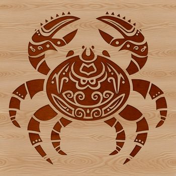 A detailed illustration of a crab's shell and claws in a stylized, ornate design.