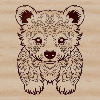 A stylized illustration of a bear sitting, featuring intricate details and ornaments.