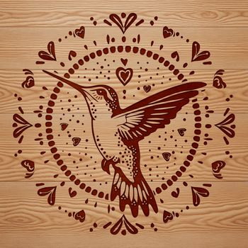 A colorful hummingbird with ornate details flying in mid-air.