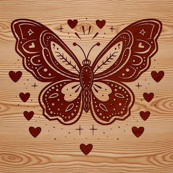 A colorful butterfly with intricate patterns and love hearts, suitable for gardening designs and projects.
