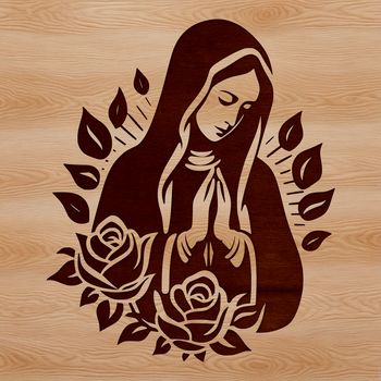 Ornate illustration of the Virgin Mary surrounded by floral patterns in a traditional religious style.