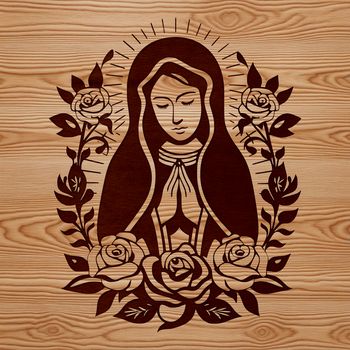 Ornate illustration of the Virgin Mary surrounded by floral patterns and details.