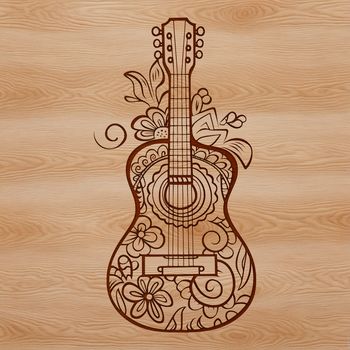 A detailed illustration of an ornate guitar with floral patterns, suitable for vector art and cutting machine designs.