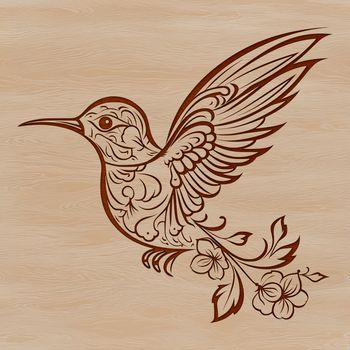 A colorful hummingbird in mid-flight, surrounded by delicate floral patterns.