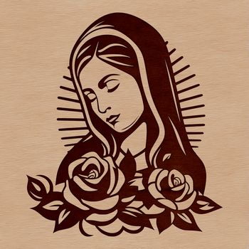 A traditional representation of the Virgin Mary surrounded by intricate floral patterns in a ornate style.
