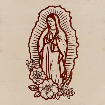 Ornate illustration of the Virgin Mary in a floral patterned background, suitable for various uses.