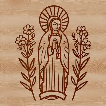 A regal and ornate illustration of the Virgin Mary surrounded by intricate floral patterns.