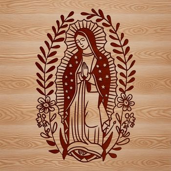 An elegant depiction of Our Lady, featuring intricate designs inspired by Mexican artistry.