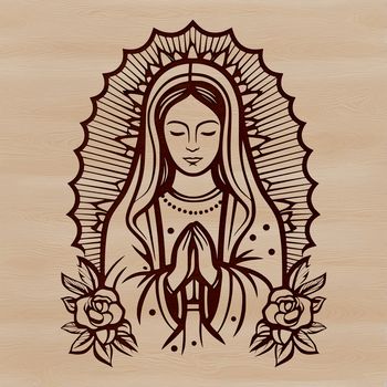 An SVG vector art representation of the Virgin Mary in a traditional religious style with intricate details.