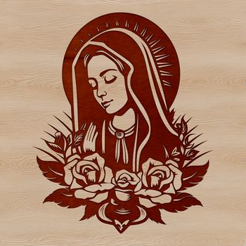 An illustration of Our Lady in a regal setting with elaborate details, ideal for use as vector art or clipart.