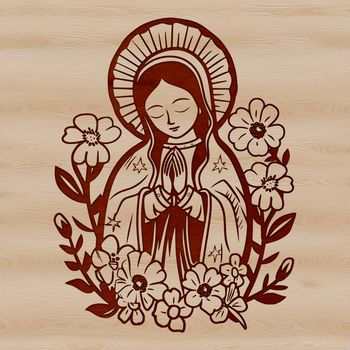 A highly detailed illustration of the Virgin Mary with ornate floral patterns and symbolism.