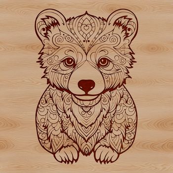 A stylized illustration of a bear sitting on its haunches, adorned with intricate details and patterns.
