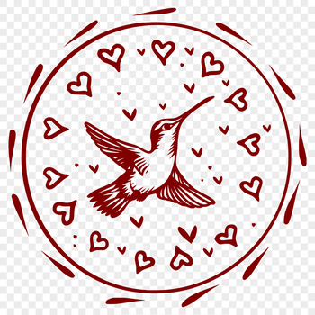 Colorful hummingbird in flight with ornate feathers and love hearts surrounding its body.