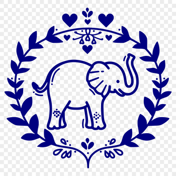 A full-body illustration of a standing elephant with ornate decorations featuring love hearts.