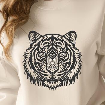 A colorful illustration of a tiger's head with intricate details.