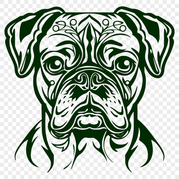 An illustration of a Boxer dog's head with ornate features.