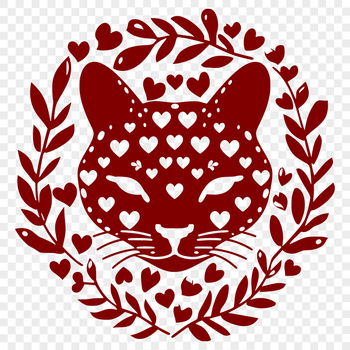 Illustrative vector design of a ocelot's head with ornate floral patterns and love hearts.