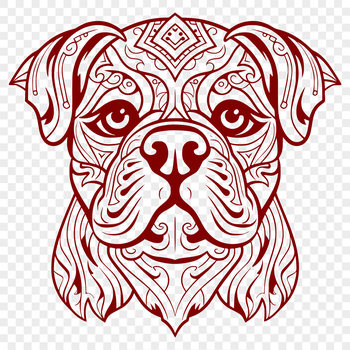 A stylized illustration of a bulldog's head with ornate details.